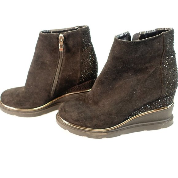 Guja Booties 6 Shoes Leather Size 36.5 Boots Black Pull On Wedge Platform - Picture 1 of 13
